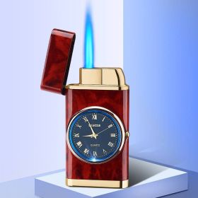 Lighter With Electric Watch Rocker Arm Automatic Ignition Straight Blue Flame Lighter Creative Real Dial Inflatable Windproof Lighter Men's Watch (Color: A mahogany grain)